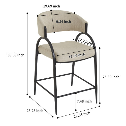 25inch  Seat Height Modern Fabric Bar Stools with Back, Black Metal Frame, Comfortable Counter Stools for Kitchen Island/Dining Room, Set of 2 (Beige)