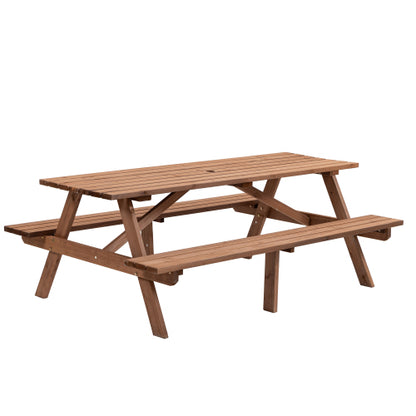 8 Person Brown Wooden Picnic Table, Outdoor Camping Dining Table with 2 Seats, Garden, DIY with 2 Built-in Benches, 2220lb Capacity