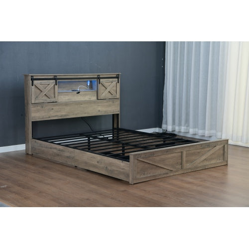 Farmhouse Bed Frame Queen Size with LED Lights and Charging Station, Wooden Queen Bed with 2 Storage Drawers, Rustic Headboard with Sliding Barn Door Storage Cabinets