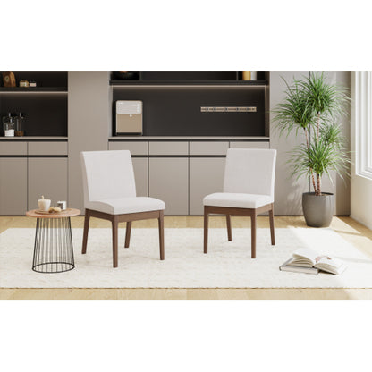 Set of 2 Contemporary Minimalist Dining Chairs, Walnut Rubberwood Legs with Light Beige Upholstery