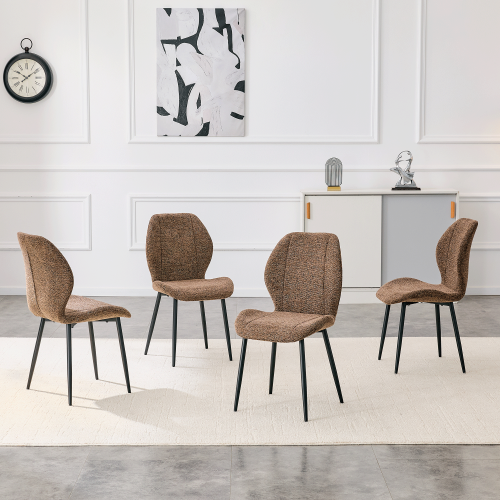 Set of 4 Retro Brown Fabric Dining Chairs, Black Metal Legs & Adjustable Feet