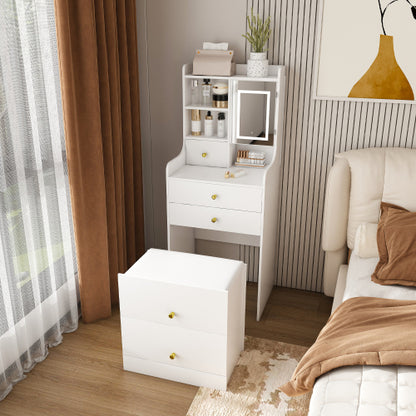 White 3-in-1 Dressing Table with LED Mirror & Storage Stool, 4 Drawers, Storage Cabinet, Open Bookshelf