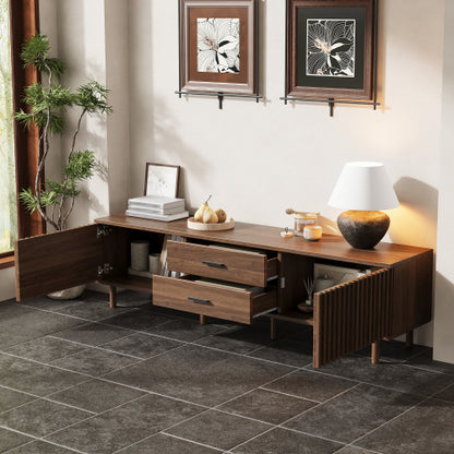 70.8 inch Dark Brown Slatted TV Stand Solid Pine Leg Media Console Fits Up To 80 Inch TV