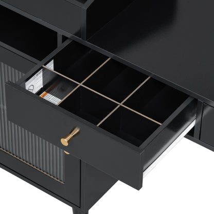 Black Space Saving Vanity Desk Set with Stool, Built?in Charging Station, Drawers & Tempered Glass Cabinet