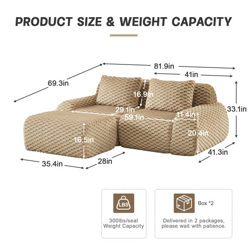 82 inch  Light-Camel Flannelette L-Shaped Modular Boneless Sofa,Ottoman