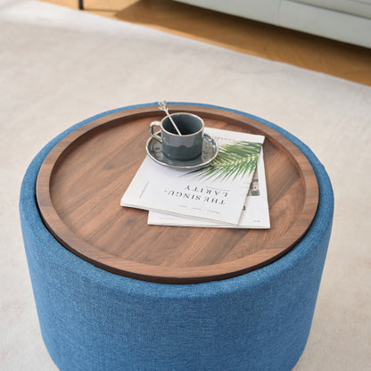 Blue 2-Piece Linen Nesting Storage Ottoman Set, Round Foot Stool with Wood Tray, Fully Assembled 396 LBS
