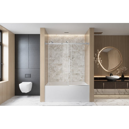 Frameless Single sliding shower door 56-60 "W x 60" H, 1/4 "(6 mm) Clear Tempered Glass, Explosion Proof Film, Stainless Steel Handle Square Tube Track ,Brushed Nickel