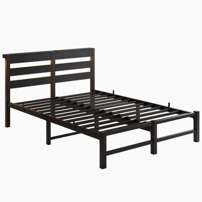Full Size Metal Bed Frame with Wooden Headboard, RGB Lights, Outlets & Charger, Storage Shelf, Noise-Free, No Box Spring Needed