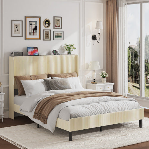 Queen Size Platform Bed , Metal Bed Frame with Charging Station, No Box Spring Needed, (Beige), Noise Free,Easy Assemble.