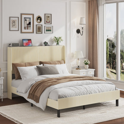 Queen Size Platform Bed , Metal Bed Frame with Charging Station, No Box Spring Needed, (Beige), Noise Free,Easy Assemble.