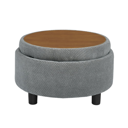25 Inch Round Storage Ottoman, Light Grey Tufted Fabric