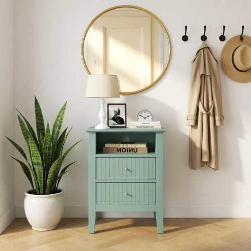 Green Fluted Nightstand with Soft-Close Drawers