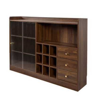 Double Sliding Striped Glass Door Sideboard Wooden Freestanding Storage Cabinet Wine Cabinet For Home Garage Use