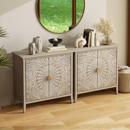 American Style 2-Door Wooden Storage Cabinet Relief Pattern Cabinet With Adjustable Layer Anti-Dumping Design