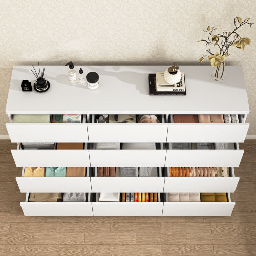 12 Drawers Double Dresser, Modern Wood Dresser Chest of Drawers with Large Storage Space for Bedroom, White