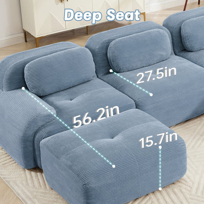 82 inch  Blue Modular L-Shaped Corduroy Sofa, Curved Armrest, No Assembly