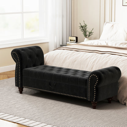 64.5inch  Bed Bench for Bed Room Nails Tufted Chaise of Lounge with Storage Velvet Upholstery Black