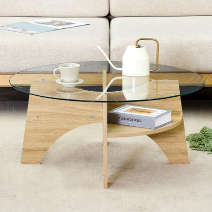 31.5 Inch Round Tempered Glass Coffee Table, Fan-Shaped Wood Grain Pedestal Table for Living Room & Office