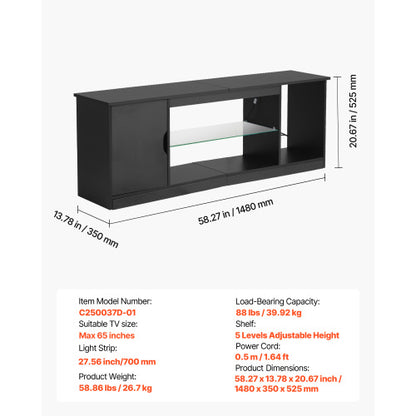 65 Inch Black Minimalist LED Light TV Stand with Tempered Glass Adjustable Storage Shelves