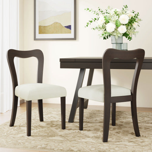 Set of 2 Dark Brown Rubberwood Open Back Dining Chairs, Minimalist Beige Upholstered Armless Kitchen Chairs
