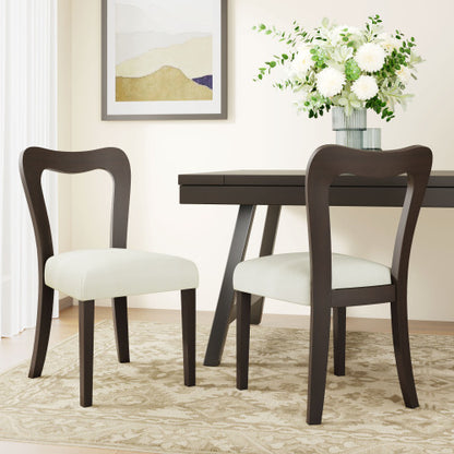 Set of 2 Dark Brown Rubberwood Open Back Dining Chairs, Minimalist Beige Upholstered Armless Kitchen Chairs