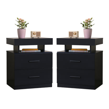 Black 2-Piece LED Nightstand Set with Fabric Drawers