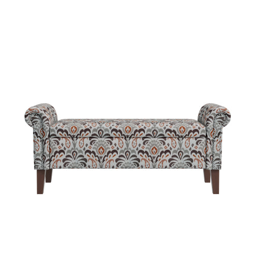Traditional Rolled Arm Storage Bench Otttoman with Pewter Nailhead Trim in Amber Damask Pattern with Dark Brown Solid Wood Legs