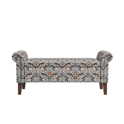 Traditional Rolled Arm Storage Bench Otttoman with Pewter Nailhead Trim in Amber Damask Pattern with Dark Brown Solid Wood Legs