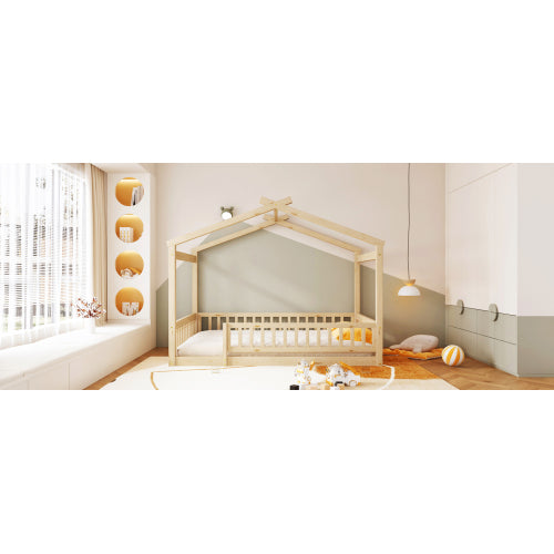Full Size Wood Bed House Bed Frame with Fence, for Kids, Teens, Girls, Boys,Natural