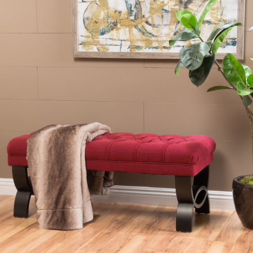 Red Tufted Ottoman Bench with Diamond Stitching and Half Circle Legs