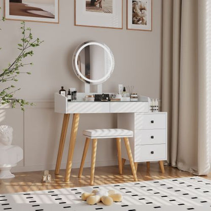 White LED Vanity Desk with Glass Top & Extendable Side Table, 5 Drawers, Mirror & Stool, Padded Leather Seat