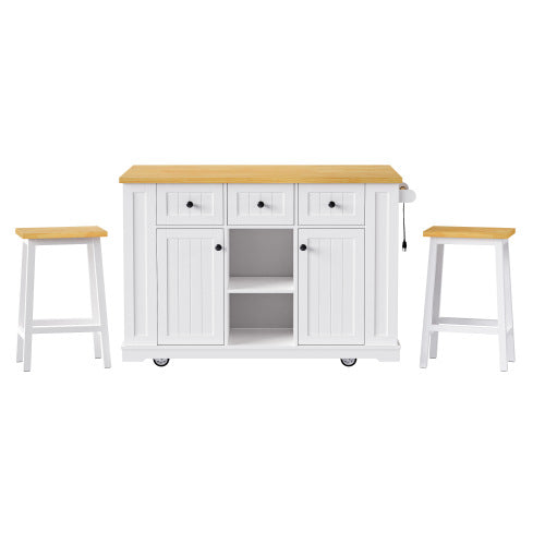 53inch Large Kitchen Island with 2 Bar Stools, Power Outlet,Door Internal Storage Rack, Kitchen Storage Cart on 5 Wheels with Drop Leaf, 5 Open Side Racks, 3 Drawers,White(Three Packages)