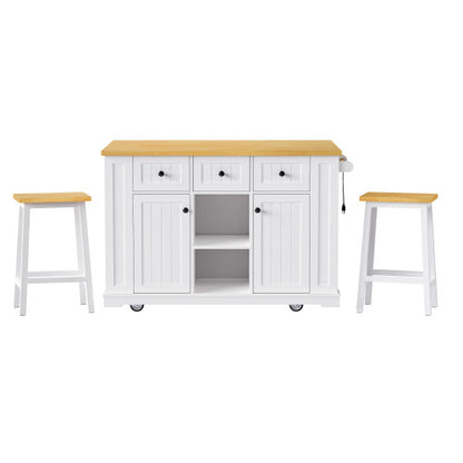 53inch Large Kitchen Island with 2 Bar Stools, Power Outlet,Door Internal Storage Rack, Kitchen Storage Cart on 5 Wheels with Drop Leaf, 5 Open Side Racks, 3 Drawers,White(Three Packages)