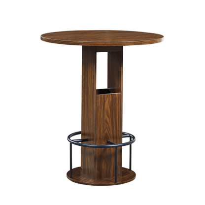 3-Piece Bar Table and Stool Set 31.5-inch round bar table with two stools Compact wooden dining bar with metal ring footrest Ideal for restaurants, cafes, bars, living rooms, and small spaces,Walnut