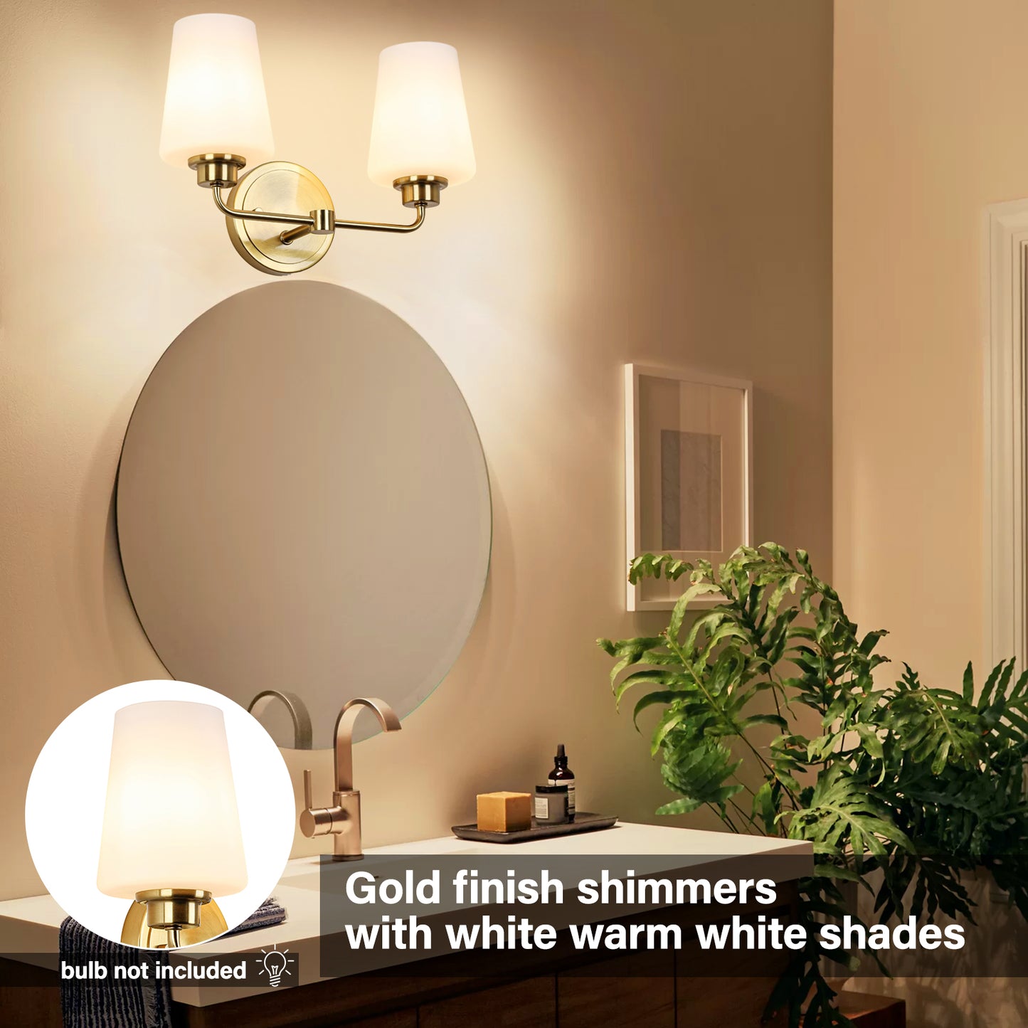 2-Light White Plus Gold Bathroom Vanity Light with Shade
