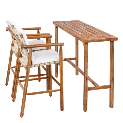 3 Piece Outdoor Bar Set, Patio Acacia Wood Bar Height Table & 2 Stools with Cushions, Wood Dining Bar Set for Backyard, Poolside, Balcony, Beige Cushions