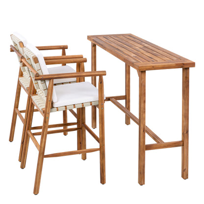 3 Piece Outdoor Bar Set, Patio Acacia Wood Bar Height Table & 2 Stools with Cushions, Wood Dining Bar Set for Backyard, Poolside, Balcony, Beige Cushions