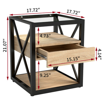 1 piece Modern End Table with Drawer - Nightstand for Bedroom & Living Room, Natural Wood MDF & Tempered Glass Top, Industrial Style Side Table