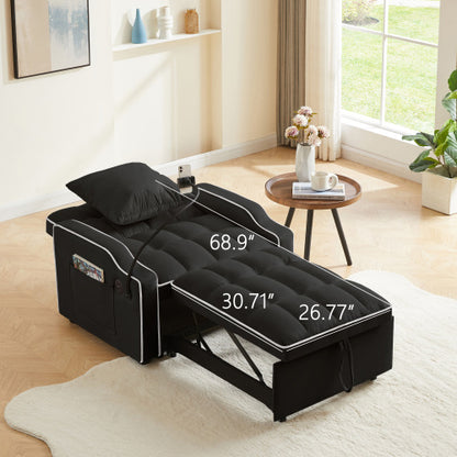 Black 3-in-1 Convertible Sleeper Chair with USB-C & Phone Holder