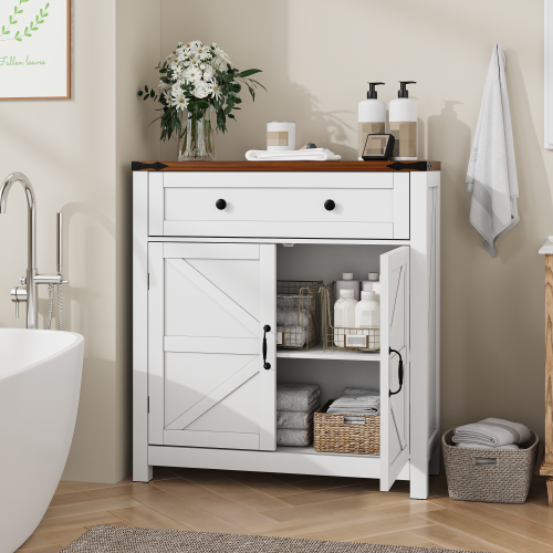 Farmhouse Storage Cabinet with Drawer and Adjustable Shelf, White Kitchen Cabinet with Walnut Countertop,  Modern Coffee Bar Console Cabinet for Kitchen, Dining Room, Bathroom, Entryway