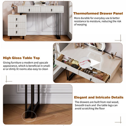 Adjustable-Length Vanity with Cloud LED Mirror - Modern Makeup Table with Storage Drawers & Side Cabinet, Ribbed Texture Design for Bedroom, Dorm & Small Spaces