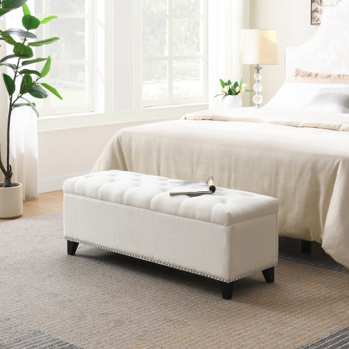 47.5inch  Storage Ottoman, Storage Bench with Safety Close Hinge, Linen Button-Tufted Ottoman for Living Room, Entryway, Hallway, Foot Rest, Support 500lbs - Beige