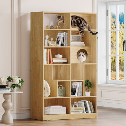 Modern Cat House Bookshelf with Storage and Litter Box Natural