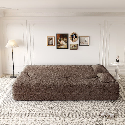 Brown Convertible Sherpa-Fleece Full-Size Floor Sofa-Bed 15 inch  Height with 2 Pillows No-Assembly