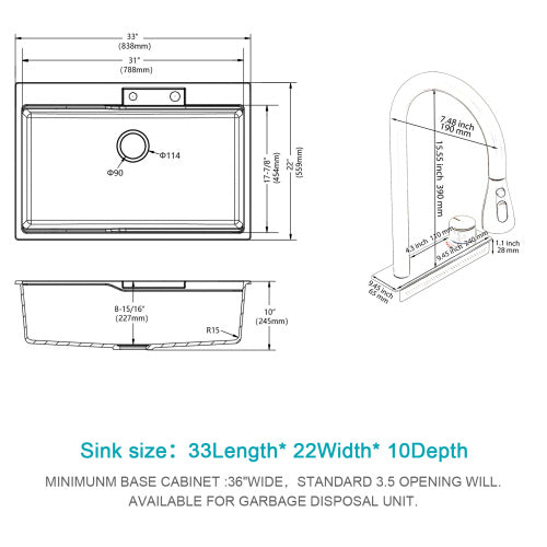 Drop In Waterfall Kitchen Sink - 33" x 22" x 10" Black Composite Granite Quartz Single Bowl Workstation kitchen sink with Pull-Out Faucet