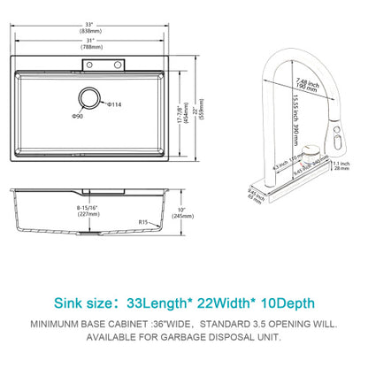 Drop In Waterfall Kitchen Sink - 33" x 22" x 10" Black Composite Granite Quartz Single Bowl Workstation kitchen sink with Pull-Out Faucet