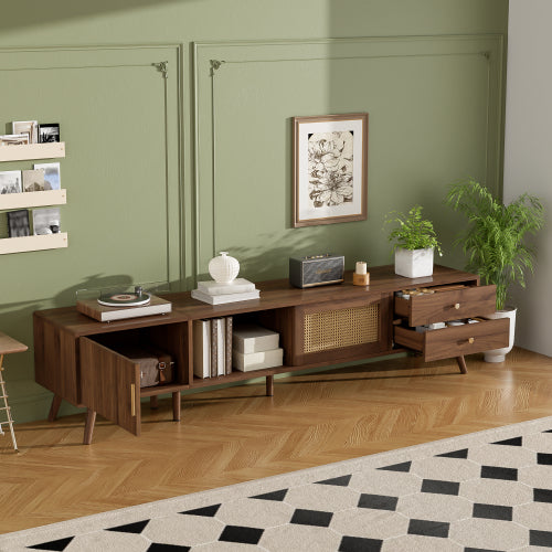 76.7 inch Natural Wood PE Rattan TV Stand Rubber Wood Leg Media Console Fits Up To 85 inch TV