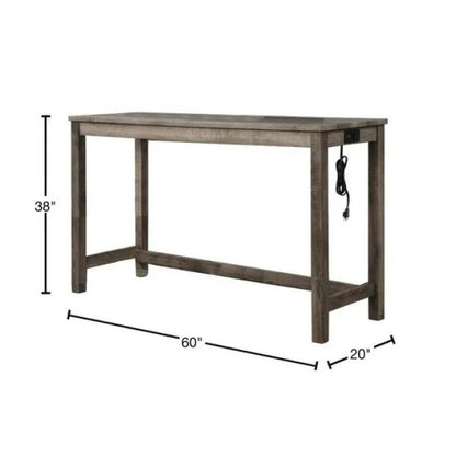 3-Piece Antique Oak Counter Height Dining Set, Solid Wood Table with Outlet & 2 Tufted Linen Stools