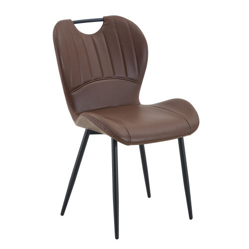 Set of 4 Brown PU Dining Chairs, Built-in Handle, Black Metal Frame, Adjustable Leveling Feet