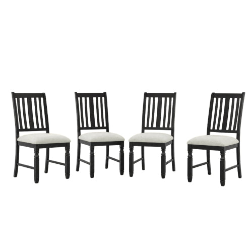 Set of 4 Farmhouse Dining Chairs, Rubberwood Frame, High Vertical Slat Back, Black Frame + Beige Linen Cushion, 220lbs